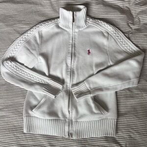Ralph Lauren Sport White Zip-Up Sweater with Pink Logo, size small